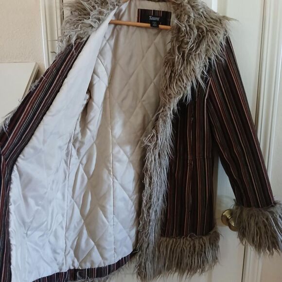 Y2K 90s Vintage Taunt Penny Lane Striped Corduroy Coat Shaggy Faux Fur Trim L - Picture 7 of 8